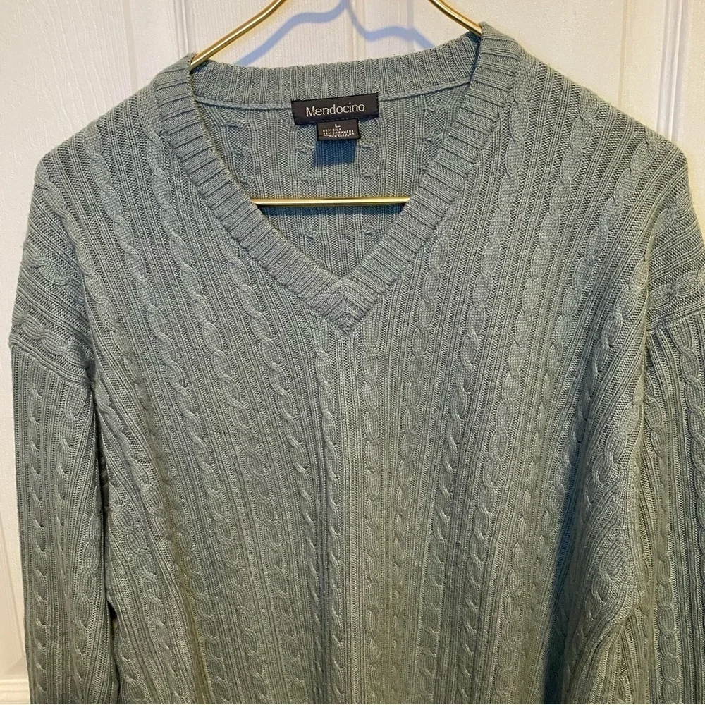 Mendocino cable blue v neck sweater silk cashmere blend Large